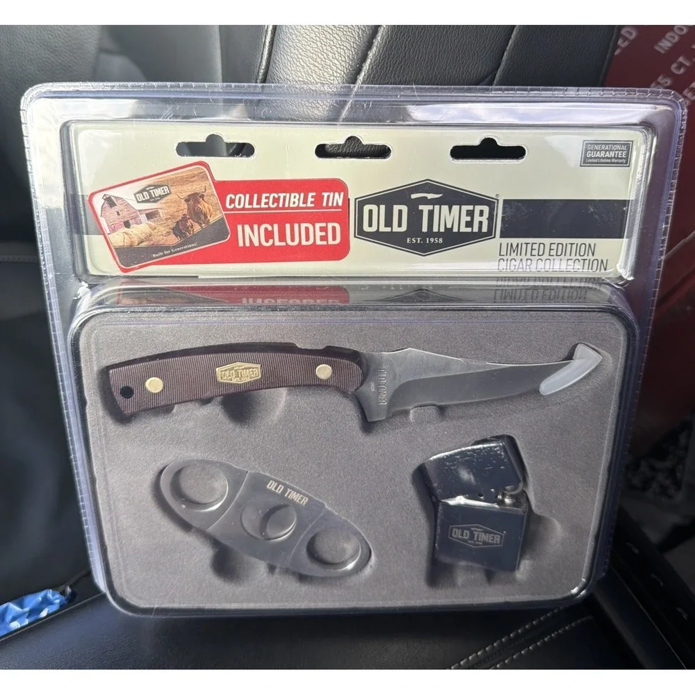 Old Timer Knife Limited Edition Cigar Collectible Tin Case Cow Barn Country 3 Pc
